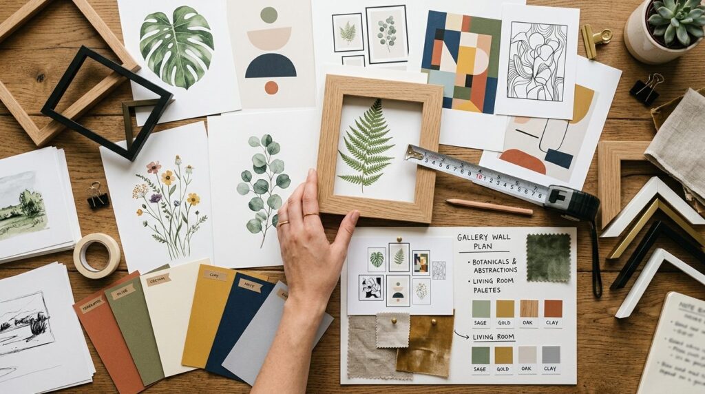 Close-up flat lay photography of hand-selecting art prints a