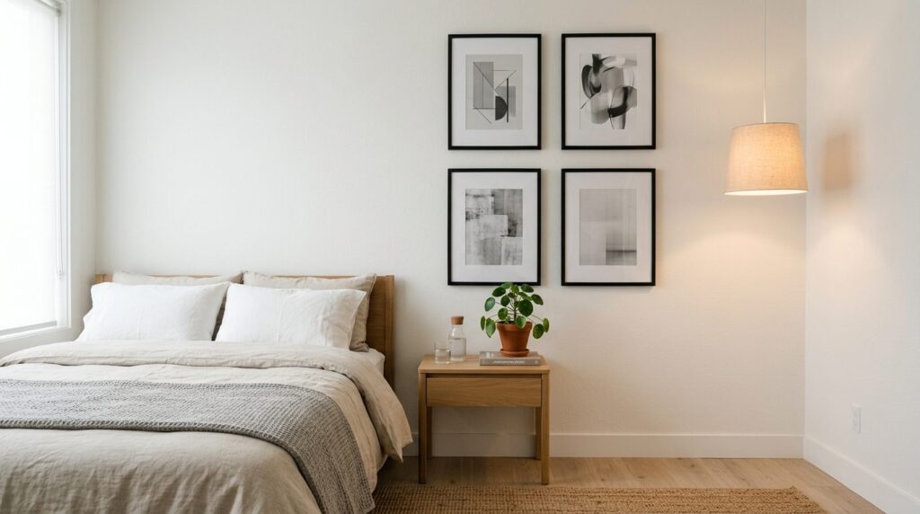 Minimalist bedroom interior featuring a thoughtfully designe