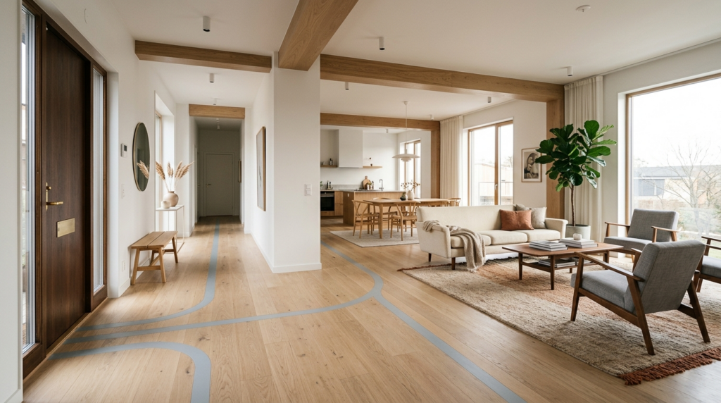 Wide angle interior photograph of an open-plan apartment ent