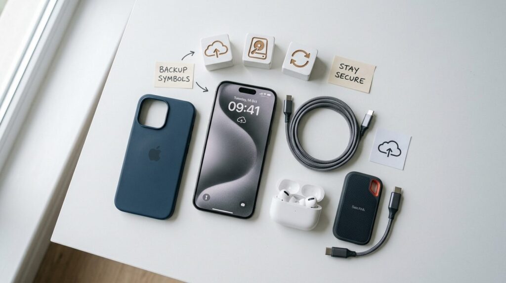 Flat lay stock photography, 16:9 format, iPhone on white sur