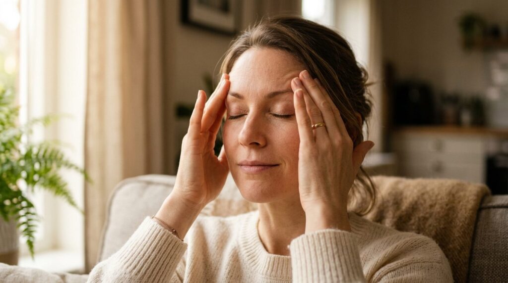 Close-up of persons hands massaging temples and forehead wi