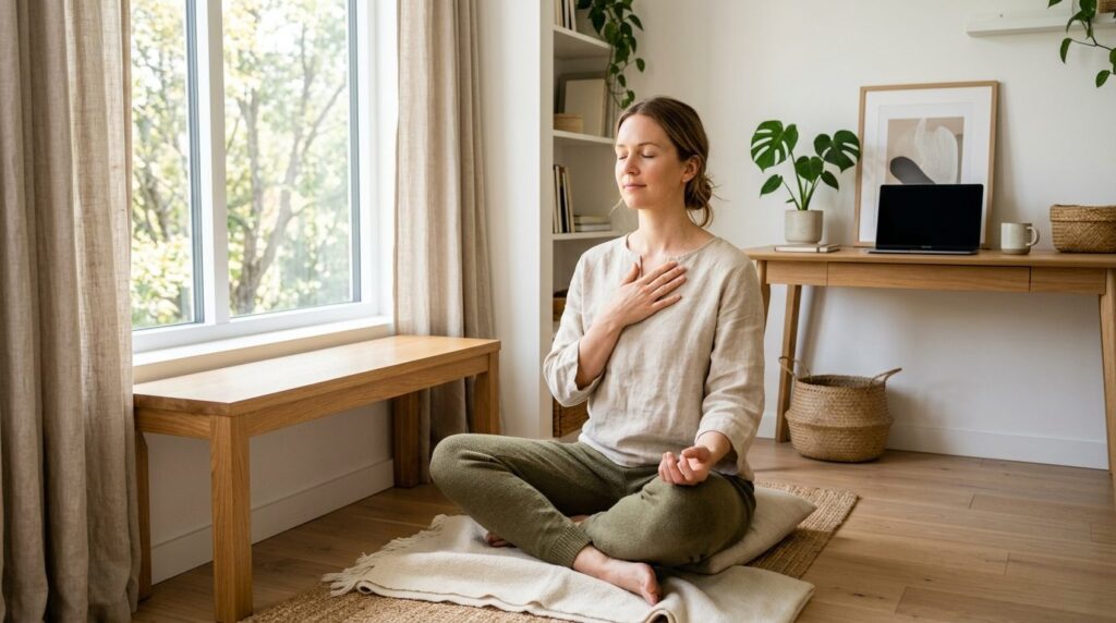 Person practicing deep breathing exercises by a bright windo