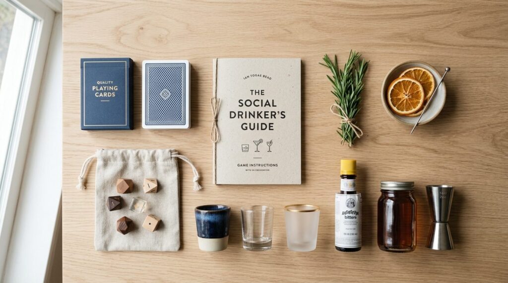 Close-up flat lay photography of curated drinking game suppl
