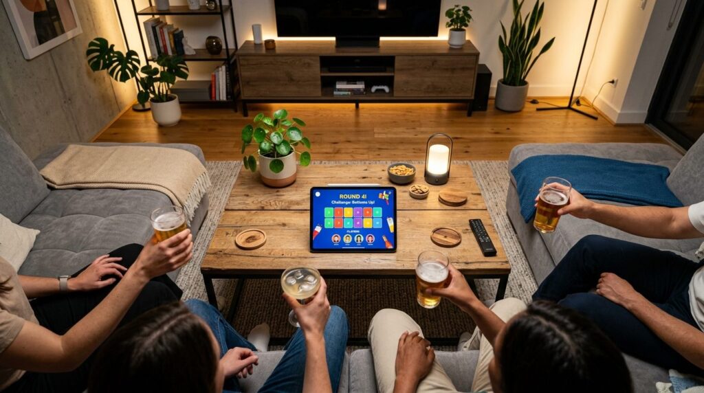 Overhead shot of a contemporary home entertainment setup sho