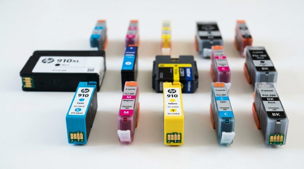 Close-up detailed product shot of various color ink cartridg