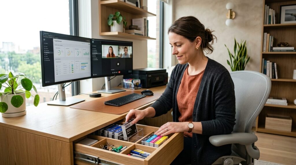 Lifestyle photograph of a person in a hybrid home workspace