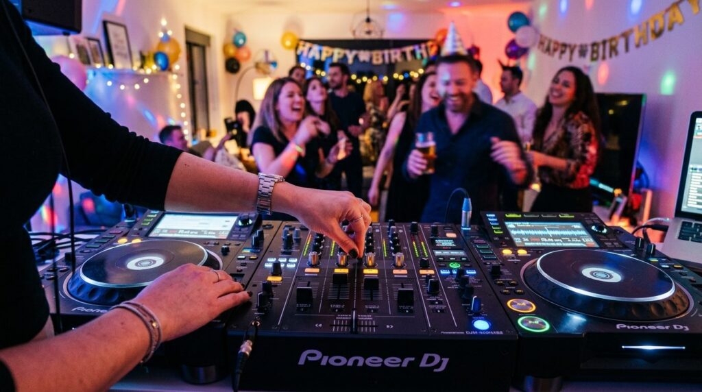 Close-up of DJ hands mixing music on professional DJ mixer w