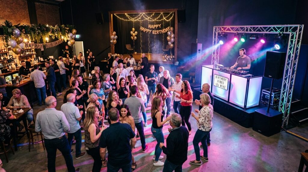 Wide shot of decorated birthday party venue with professiona