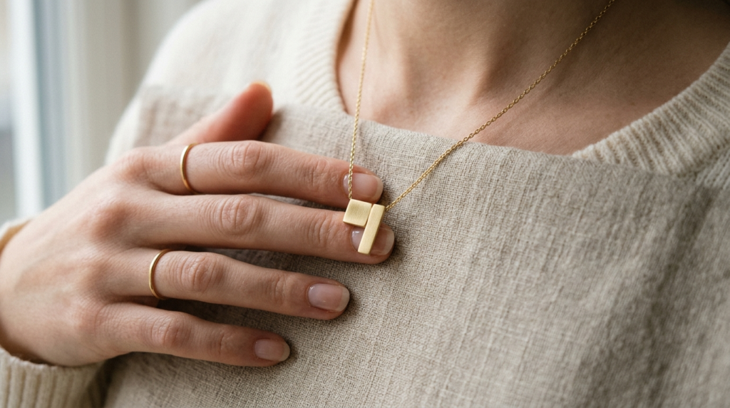 Close-up detail shot of a womans hand wearing a minimalist 