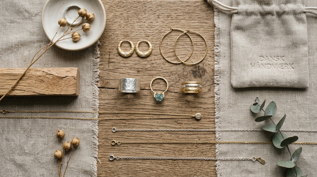 Flat lay composition of sustainable Danish jewelry pieces ar