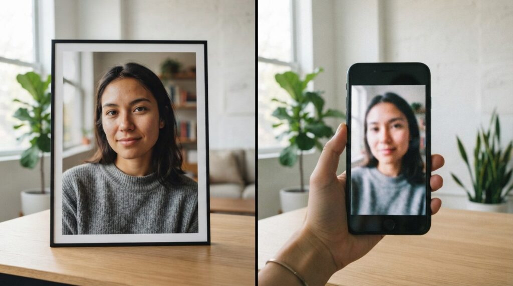 Split-screen comparison showing a professional high-resoluti