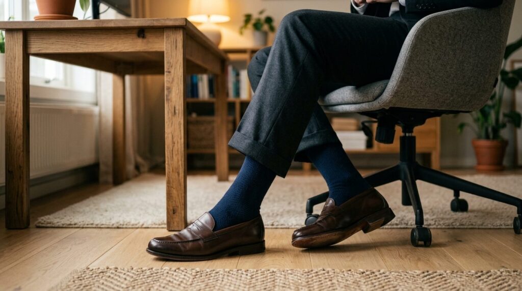 Close-up detail shot of a well-dressed businessman sitting a