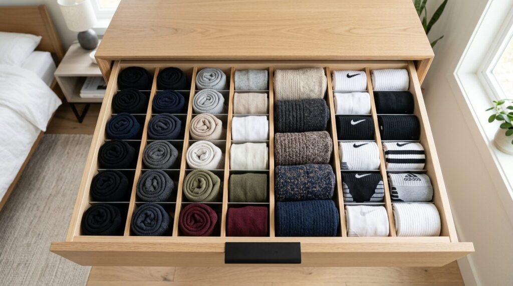 Overhead shot of an organized mens sock drawer with neatly 